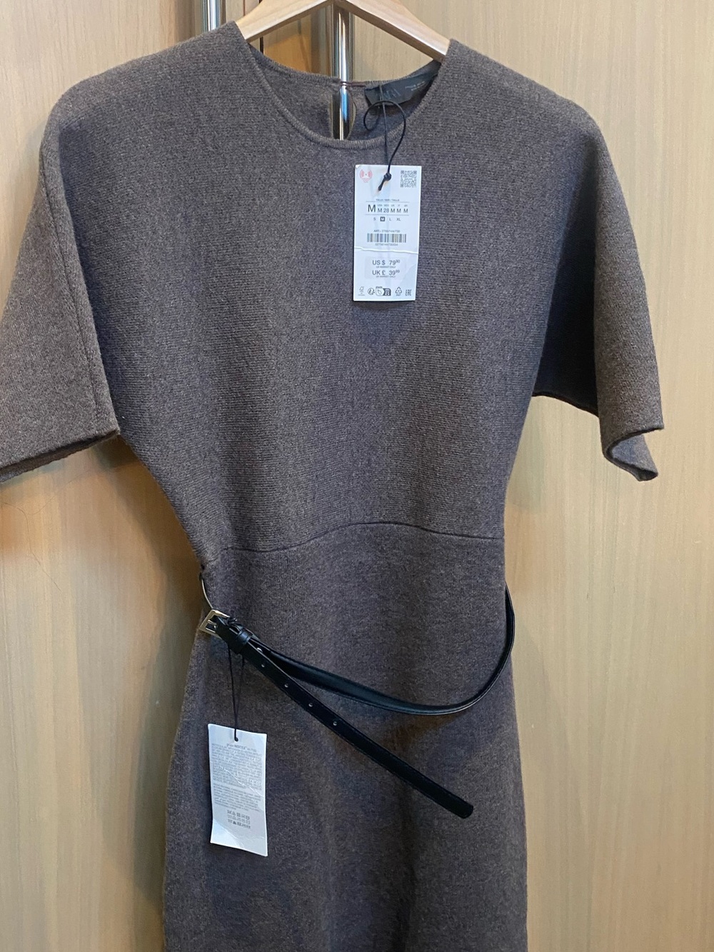Zara Brown Knit Midi Dress with Slim Black Belt NWT